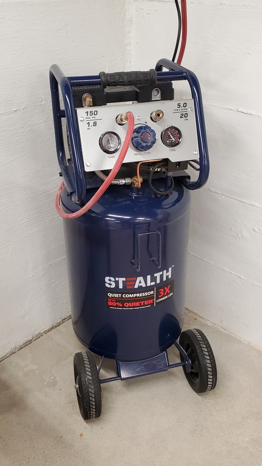 Stealth 20 Gallon Ultra Quiet Air Compressor,1.8 HP Oil-Free Peak 150 PSI 68 Decibel, 5.5 CFM @ 40 PSI 5 CFM @ 90 PSI Silent Long Life Electric Air Compressor W/Wheel for Garage customer photo 1