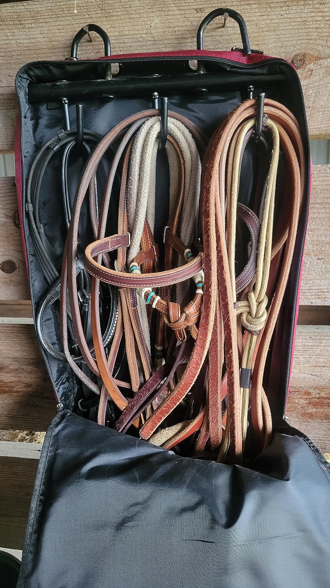 Horse Bridle Bag with 3 Prong Tack Rack for Halters, Bridle, Harness, Equestrian Reins (Wine Red) customer photo 2