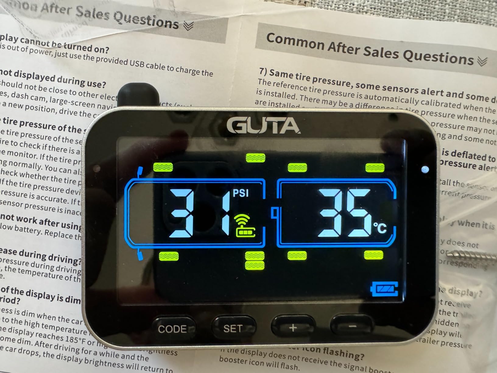GUTA GT20 Trailer Tire Pressure Monitoring System, TPMS with 4 Sensors | Large Color Display, 0-188 PSI, 6 Alert Modes, Long-Range Signal for RVs, Trailers & Semi-Trucks, Monitor Up to 24 Tires customer photo 2