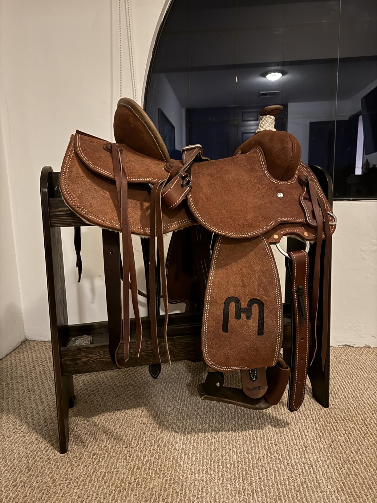 HOTCAN Pine Wood Saddle Rack | Ideal Saddle Stand for Horse Gear & Horse Tack Organizers | Suitable for Displaying Trophy Tack at Home | Compatible with English, Australian, Western Saddle (Red Mahogany) customer photo 1