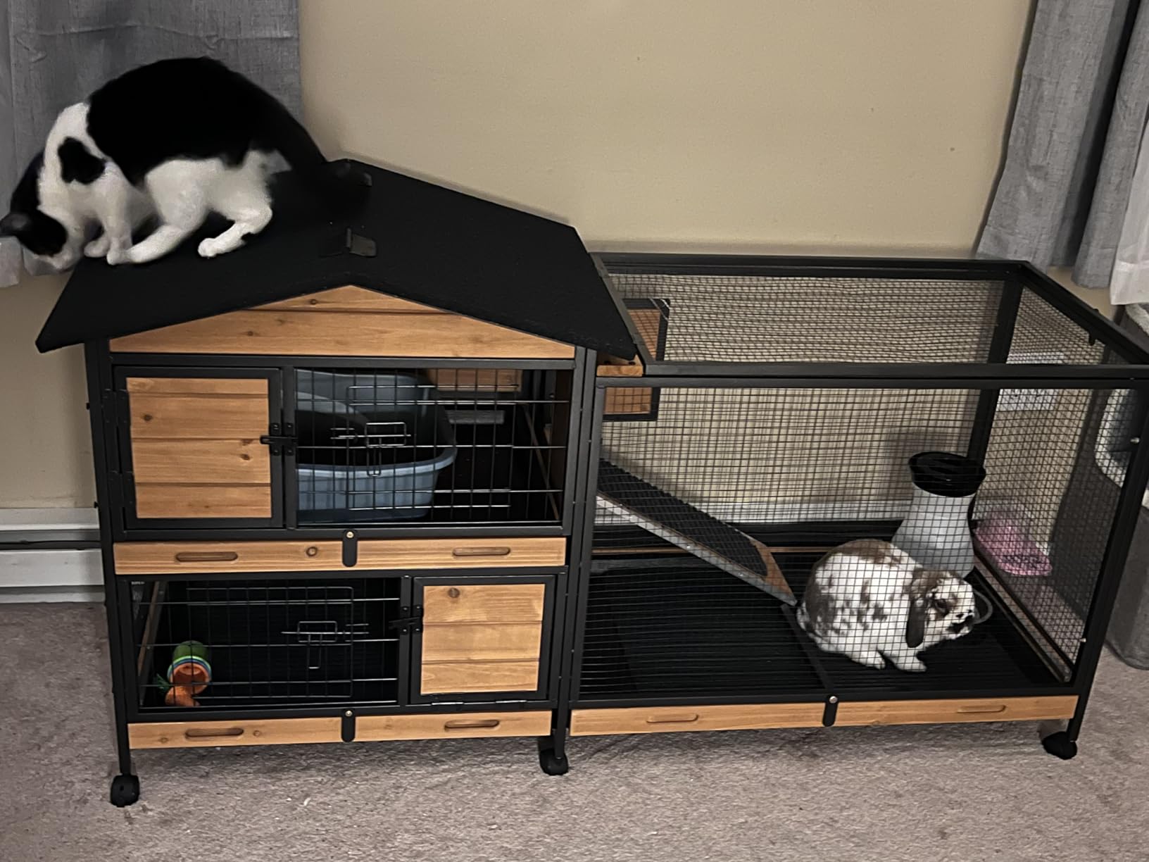 Rabbit Hutch Bunny Cage Strong Iron Frame Rabbit Cage Indoor and Outdoor Chicken Coop with Casters Waterproof Roof, Great for Rabbit,Bunny,Guinea Pig,Chickens. customer photo 1