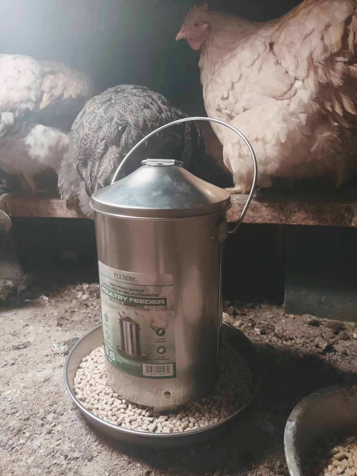 Plexon 17.6 Lb Hanging Chicken Feeder Metal Chicken Feeder with Handle no Waste Food - Stainless Steel - Turkey Duck Poultry Feeder - Heavy Duty Feeding Equipment - Grade Large customer photo 1