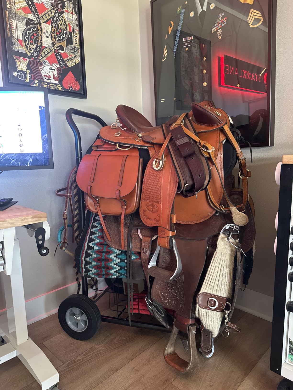 Homestead 220 Lbs Rolling Saddle Rack Cart with Basket - Heavy Duty Saddle Stand for Western Horse Gear, Organizers and Storage for Tack Room, Bridle, Horse Lovers, Cowboy - 3 Tier Saddle Rack Carts customer photo 2