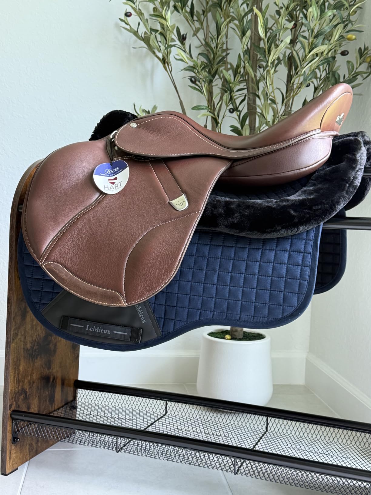 Saddle Rack Stand, Freestanding Horse Saddle Holder with Mesh Shelf, Hooks | Western Saddle Stand with Side Tack Hooks Rustic wood black metal Tack Room Organizer for Western English Saddles Pads Brush customer photo 2