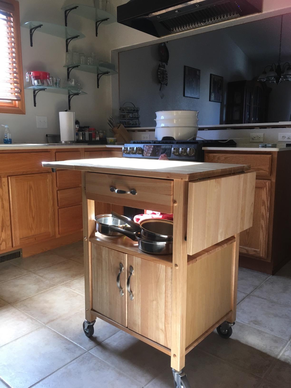 Pemberly Row Solid Wood Butcher Block Kitchen Cart, Natural Finish, Drop Leaf Countertops, Storage Cabinet with Drawer and Shelf, 43.27