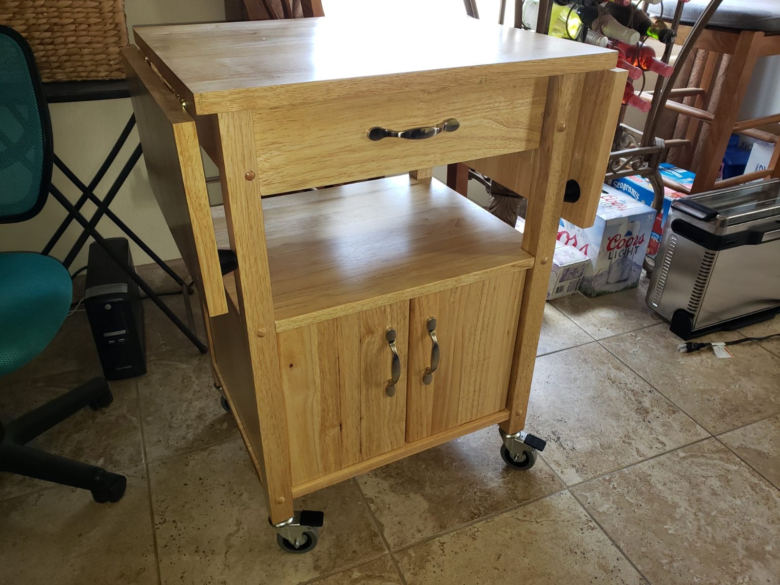 Pemberly Row Solid Wood Butcher Block Kitchen Cart, Natural Finish, Drop Leaf Countertops, Storage Cabinet with Drawer and Shelf, 43.27