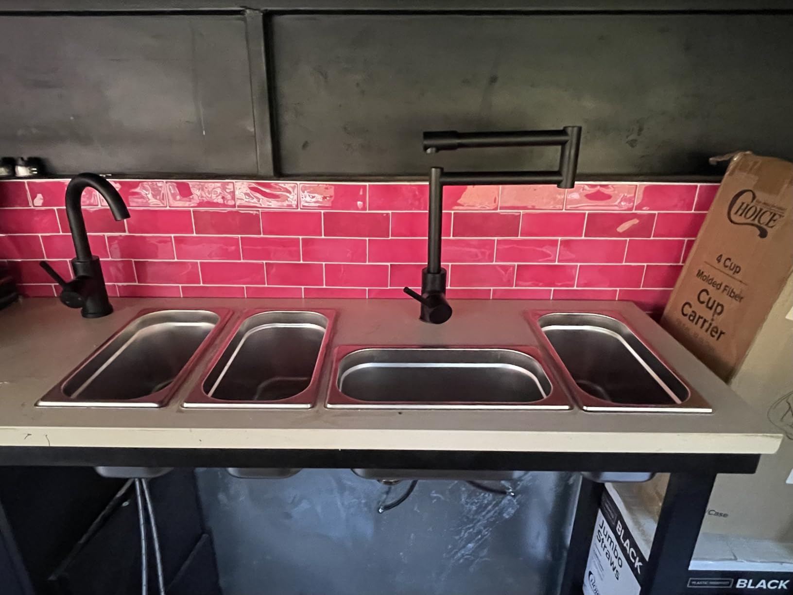 Standard 4-Compartment Drop-in Stainless Steel Concession Sink Set | Portable 4-basin sink with Dual faucet, bar drains, and basket strainers included, for food truck and concession stands customer photo 1