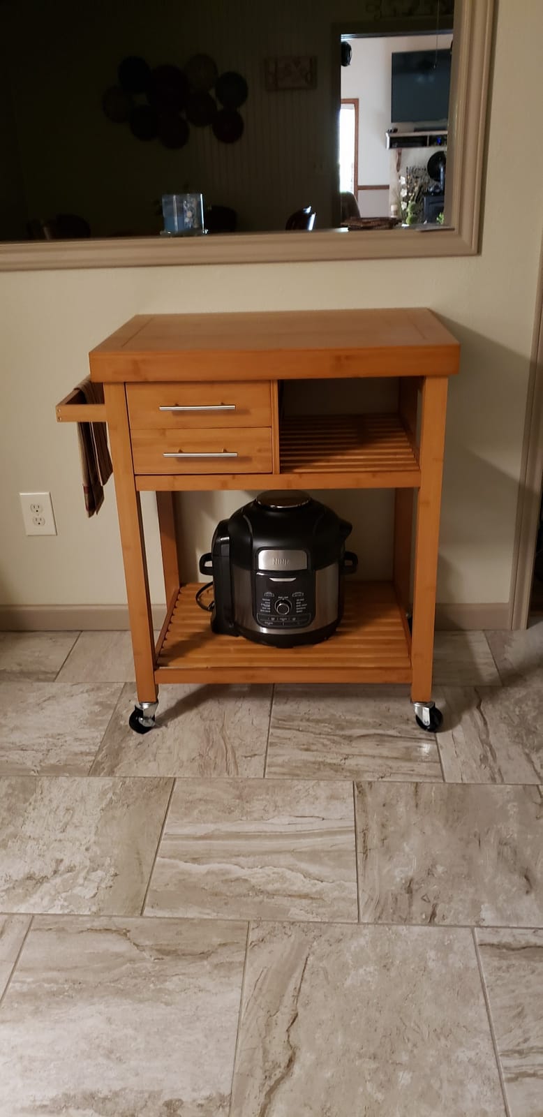 HOMCOM Bamboo Kitchen Island on Wheels with 2 Storage Drawers, Bamboo Tone | Open Shelves, Utility Trolley Cart, Butcher Block Island customer photo 2