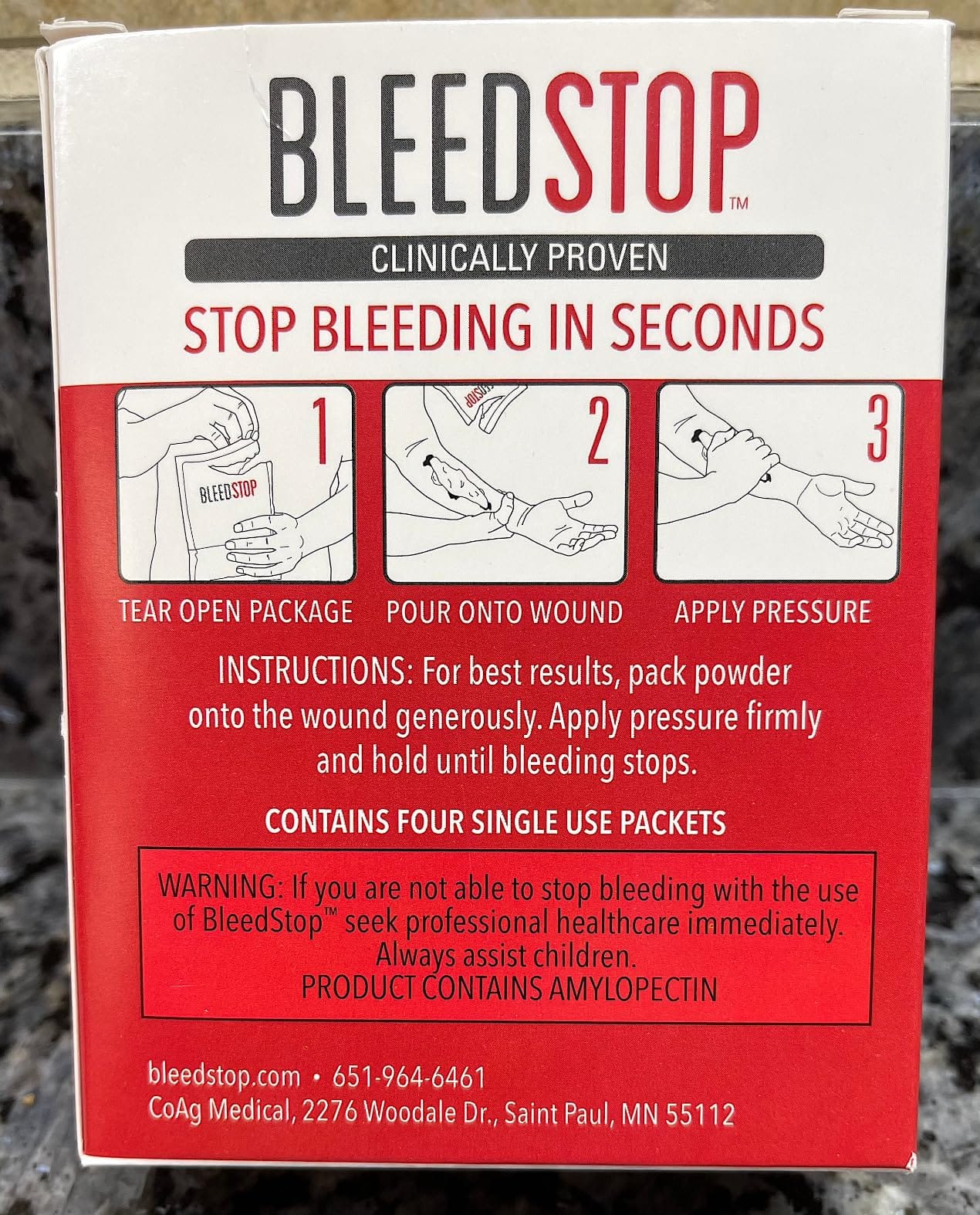 BleedStop First Aid Powder for Blood Clotting, Trauma Kit, Blood Thinner Patients, Camping Safety, and Survival Equipment for Moderate to Severe Bleeding Wounds or Nosebleeds - 4 (15g) Pouches customer photo 2