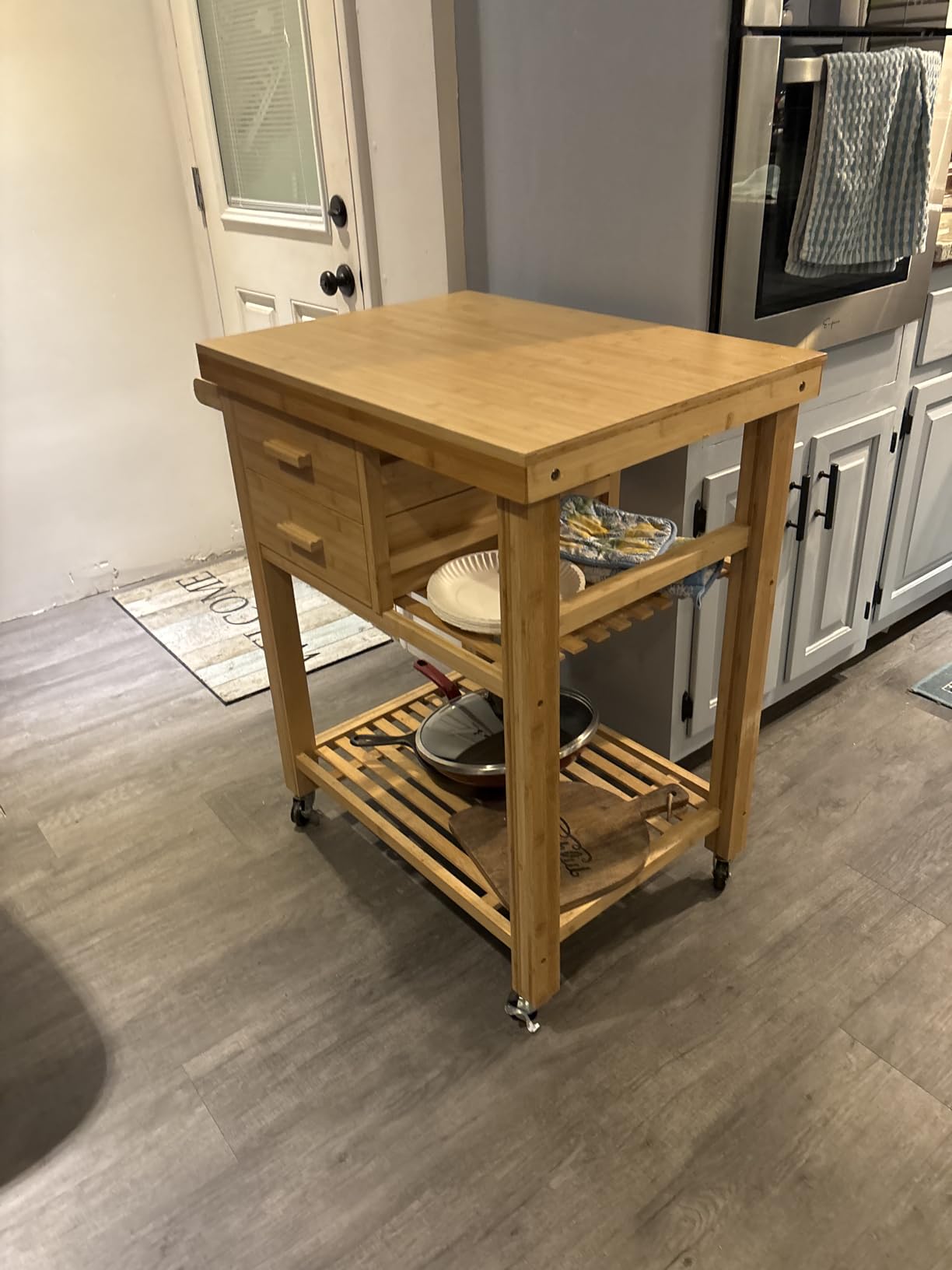 Bamboo Kitchen Island Cart, Butcher Block Table on Wheels with Drawers, Shelves, Towel Rack customer photo 1