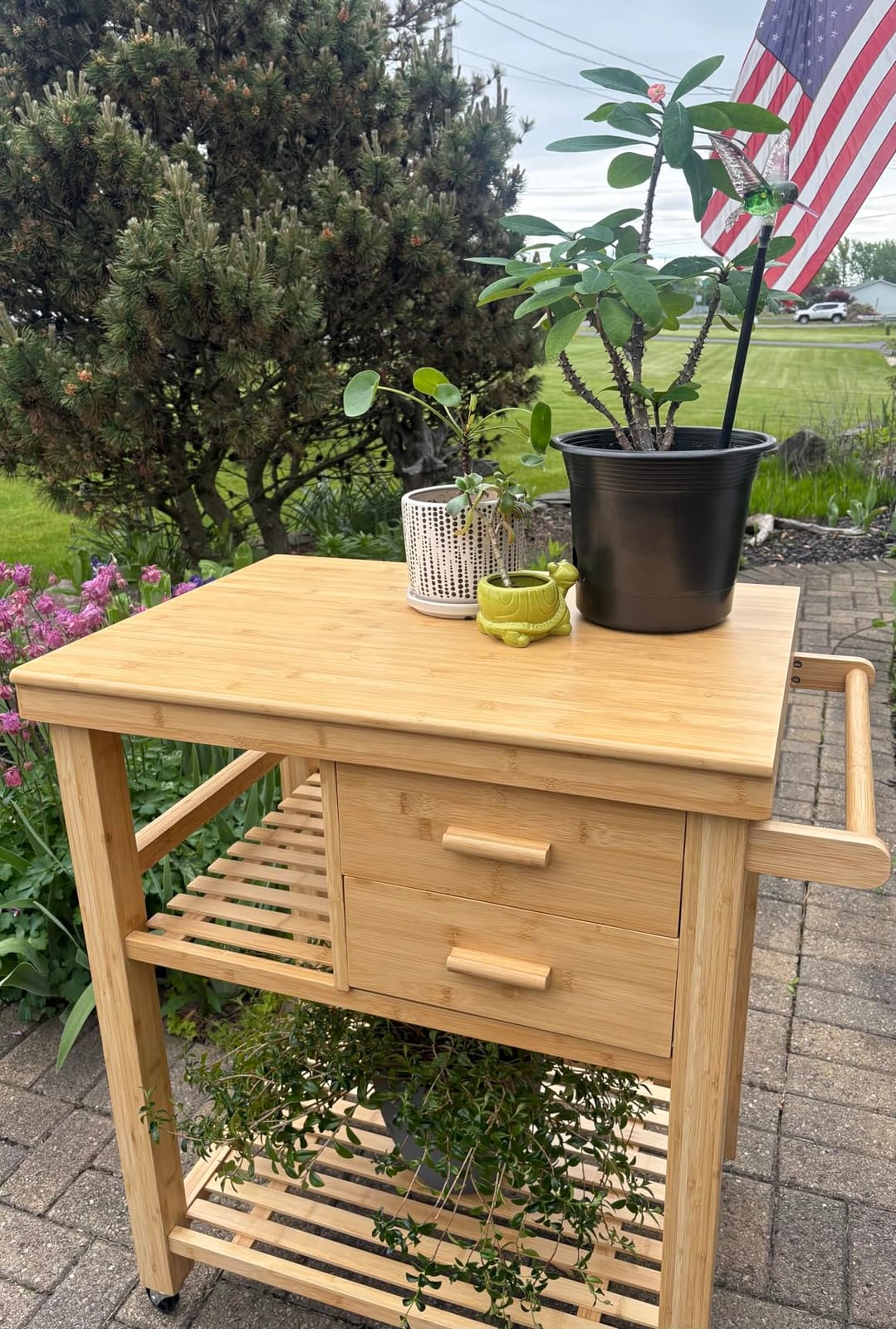Bamboo Kitchen Island Cart, Butcher Block Table on Wheels with Drawers, Shelves, Towel Rack customer photo 2