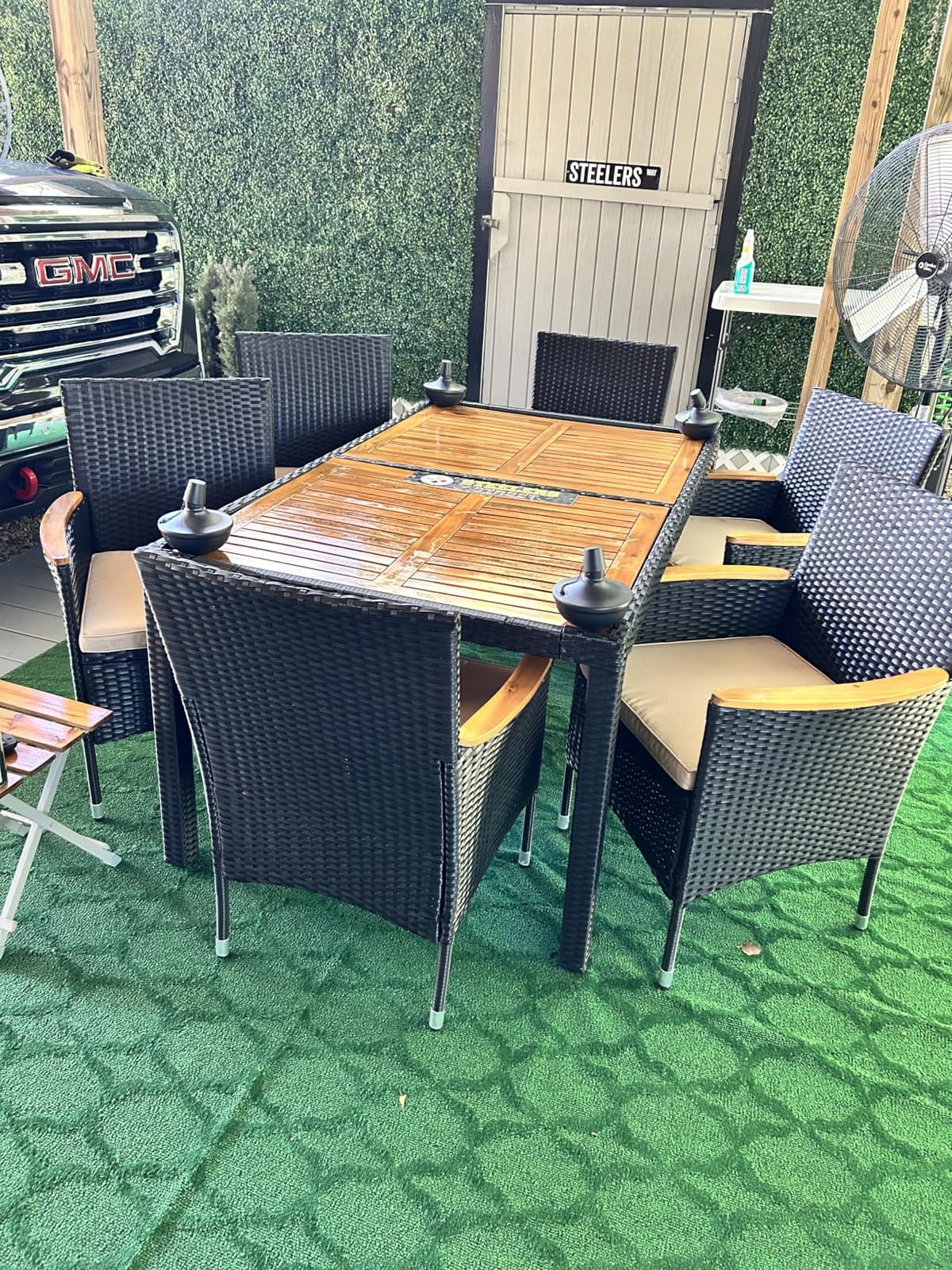 Devoko 7 PCS Acacia Wood Patio Dining Set, Black Rattan customer photo 2