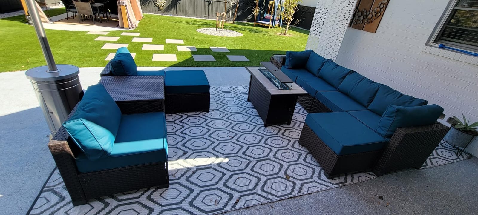 Lviden 10 Pieces Wicker Patio Furniture Set with Patio Glass Table Outdoor Sectional Conversation Sofa Set with 43 inches Fire Pit Table and Non-Slip Cushione, Navy Blue customer photo 1