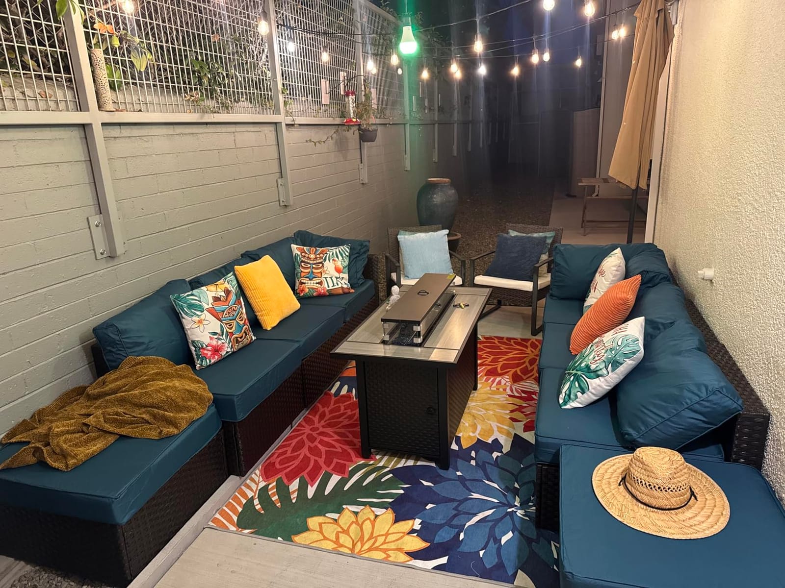 Lviden 10 Pieces Wicker Patio Furniture Set with Patio Glass Table Outdoor Sectional Conversation Sofa Set with 43 inches Fire Pit Table and Non-Slip Cushione, Navy Blue customer photo 2