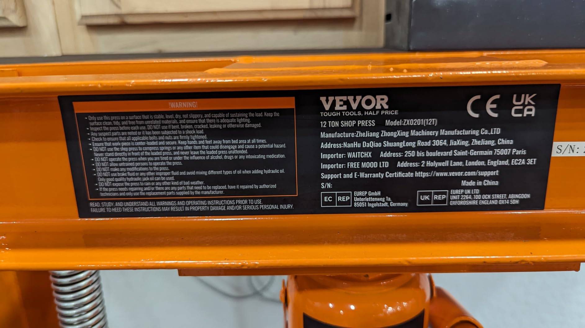 VEVOR Hydraulic 6 Ton H-Frame Garage Floor Adjustable Shop Press with Plates, 6T, Orange customer photo 2