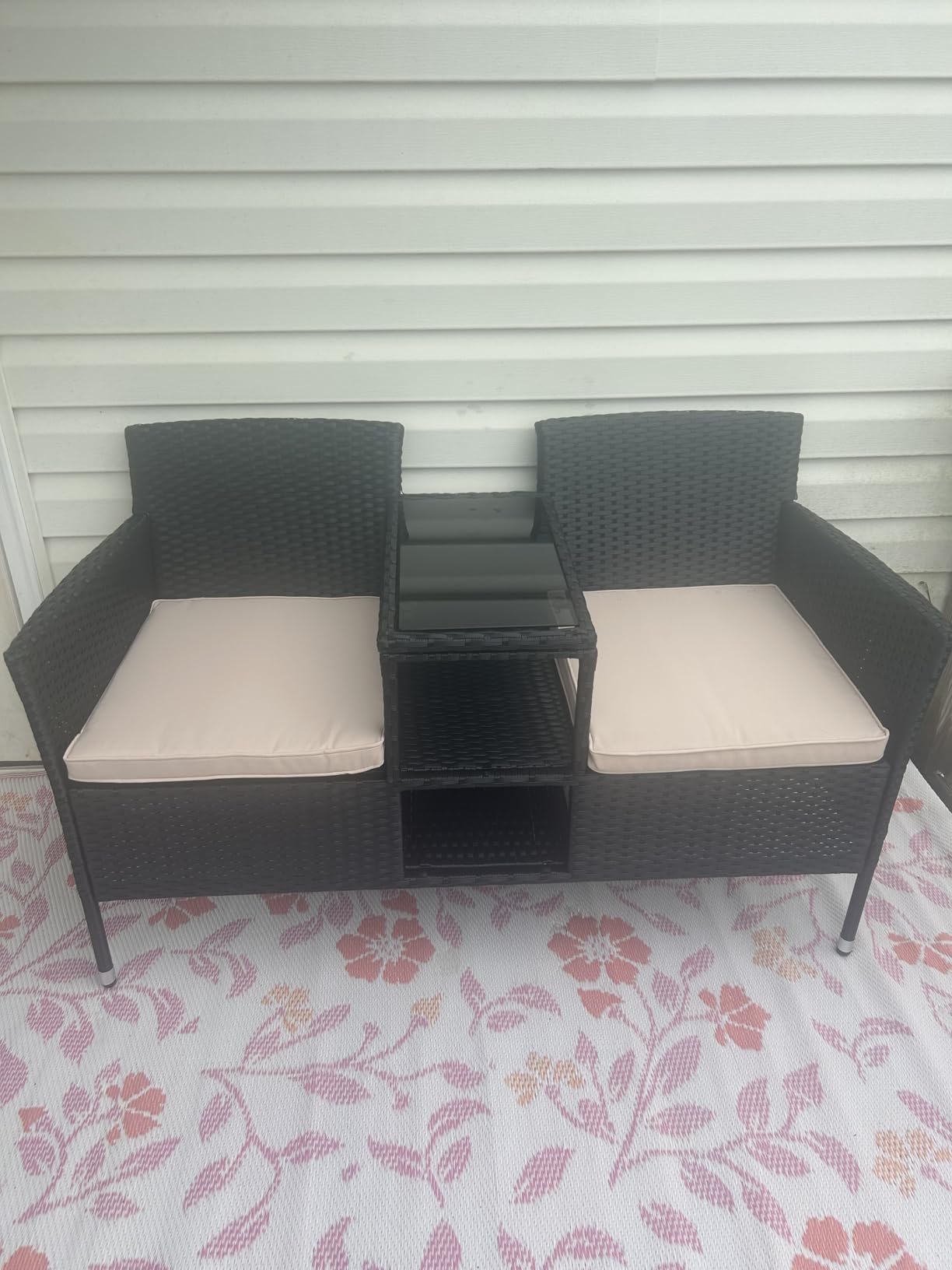 Devoko Outdoor Patio Loveseat Rattan 2-Seat Patio Conversation Set, Beige customer photo 1