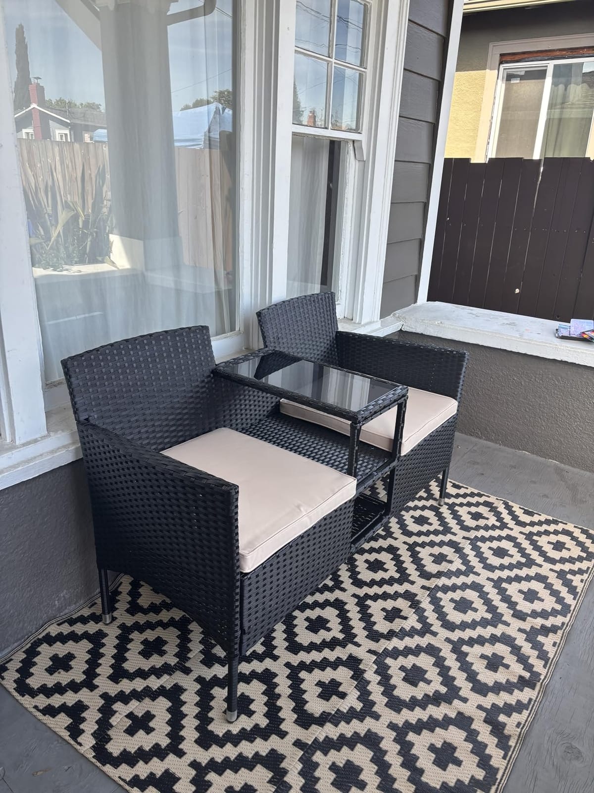 Devoko Outdoor Patio Loveseat Rattan 2-Seat Patio Conversation Set, Beige customer photo 2