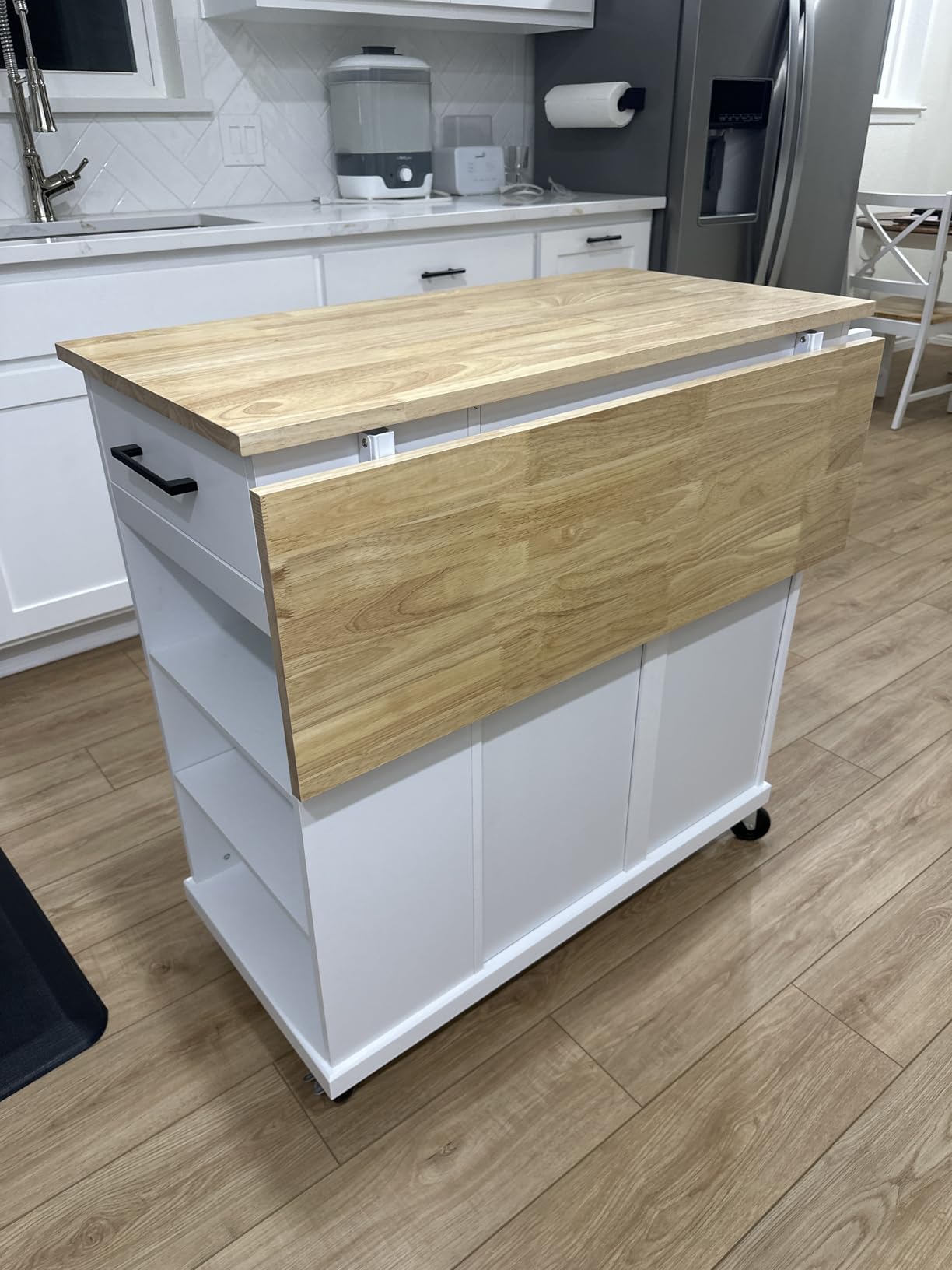 Yaheetech Kitchen Island Cart with Storage, Drop Leaf, Open Shelves, Black | Rolling Kitchen Island on Wheels with Drawers, Rubberwood Breakfast Bar Table with Detachable Towel Rack customer photo 1