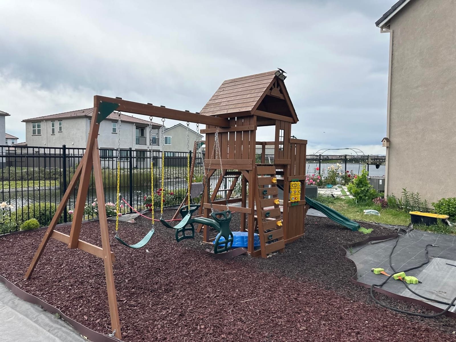Swing-N-Slide PB 8272 Cedar Brook Wooden Swing Set Play Set with Two Swings, Slide, Monkey Bars, Picnic Table & Glider, Green customer photo 2