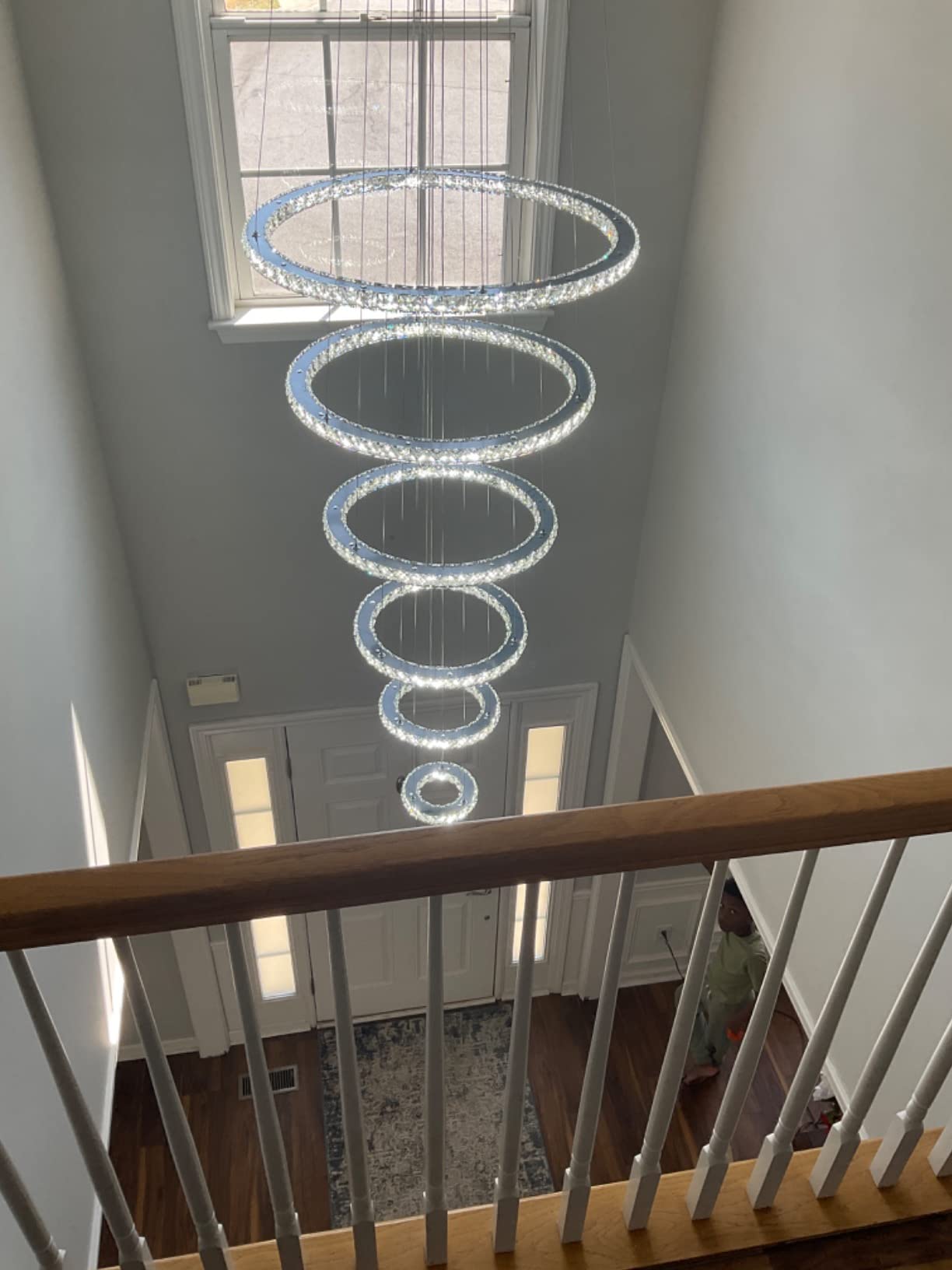 Siljoy Modern Crystal Chandelier Lighting, 6 Ring Chandelier LED Ceiling Lights Fixtures with 3-Color, High Ceiling Foyer Chandeliers for Living Room Dining Room Staircase, D8-12-16-20-24