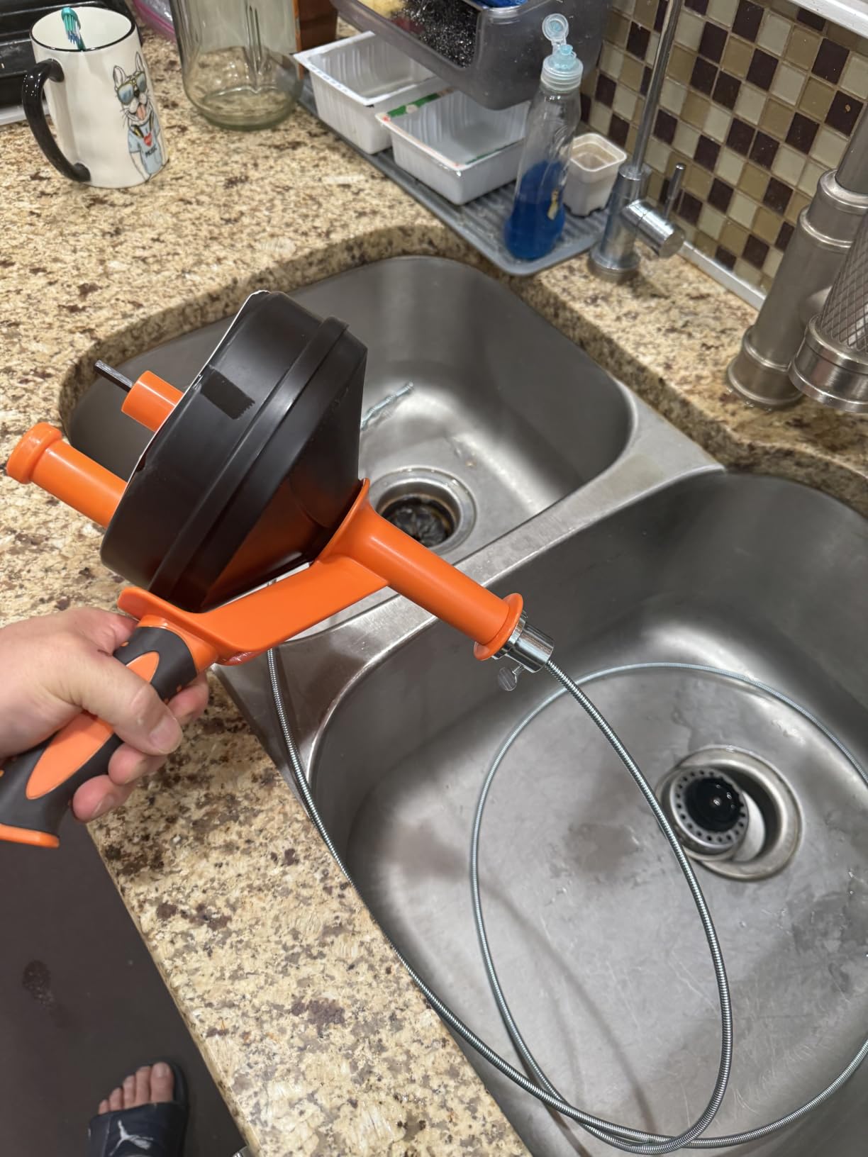 Drain Auger, Clog Remover with Drill Adapter, 25 Feet Flexible Plumbing Snake Use Manually or Powered for Kitchen, Bathroom and Shower Sink, Comes with Gloves (orange) customer photo 1