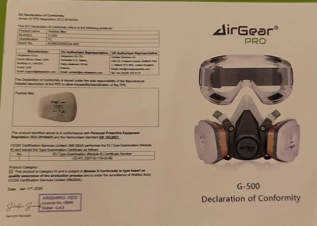 AirGearPro G-500 Reusable Respirator Mask with A1P2 Vapor & Dust Filters customer photo 2