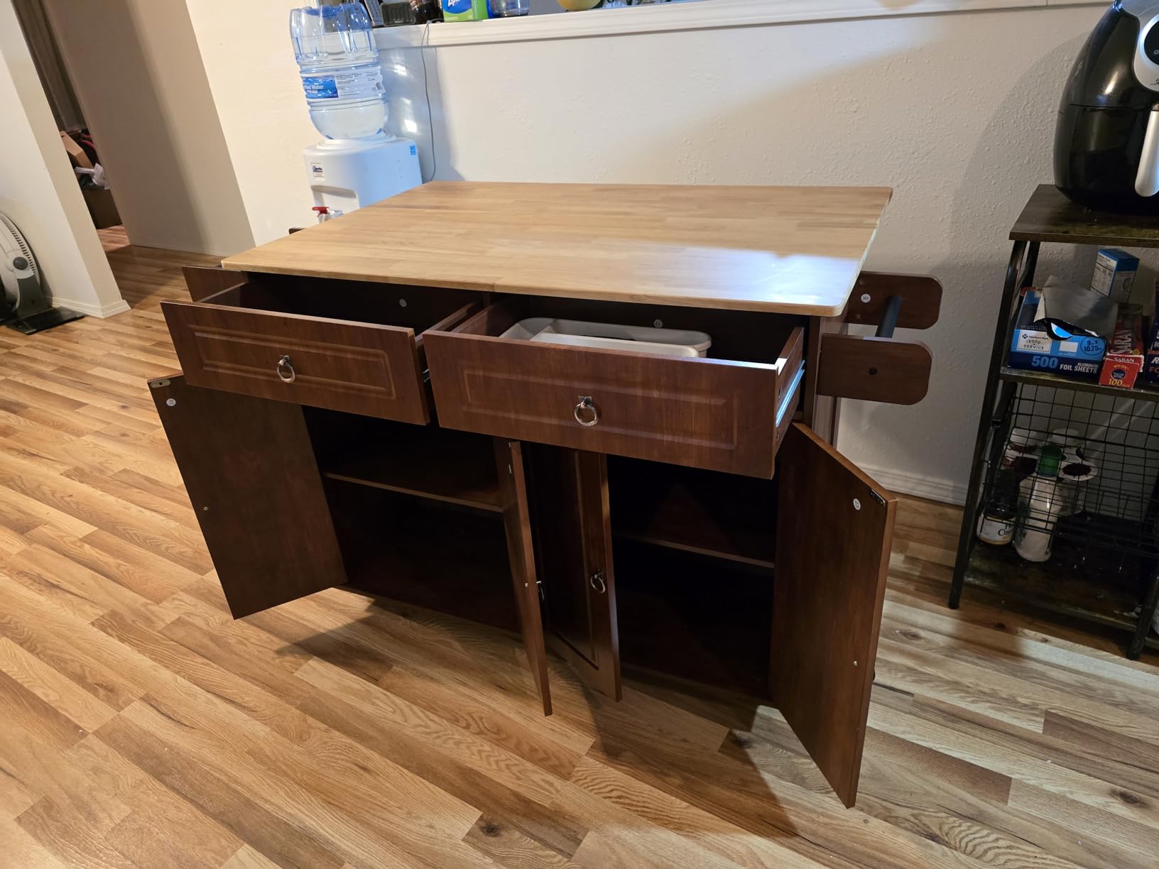 Qsun Kitchen Island with Drop Leaf and Storage, on Wheels Two Drawers, Large Storage Cabinet, Towel Rack Spice Cart Brown customer photo 2