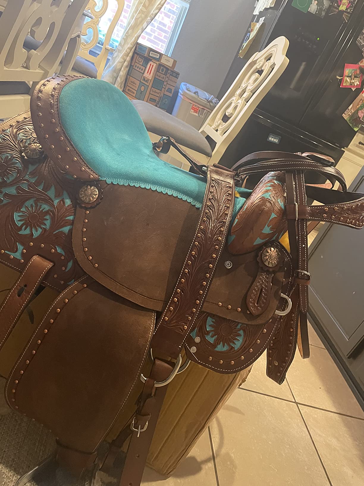 Leather Western Barrel Racing Horse Saddle Teal Brown Get Matching Tack Set Headstall Breast Collar and Reins Size 12