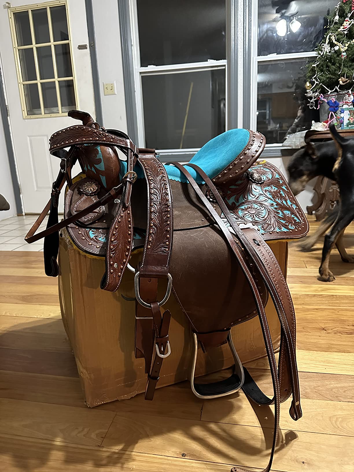 Leather Western Barrel Racing Horse Saddle Teal Brown Get Matching Tack Set Headstall Breast Collar and Reins Size 12