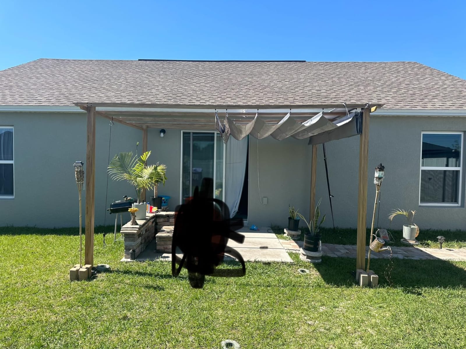 HAPPATIO 10' X 10' Pergola Retractable Canopy for Backyard, Garden, Patio; Woodgrain-Look Aluminum Frame with Retractable Pergola Canopy, Includes Anchors and Expansion Screws (Grey) customer photo 2