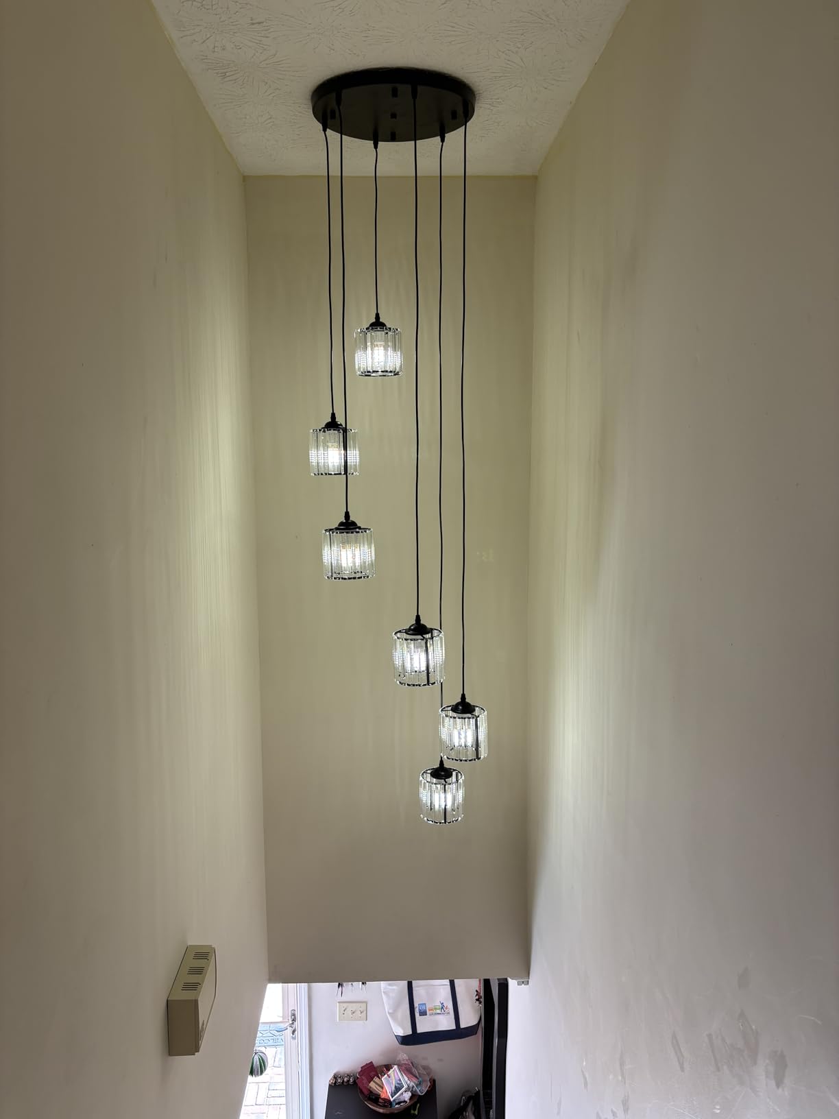 Long Chandeliers for High Ceilings,Modern Crystal Pendant Light,Raindrop Drop Lamp,Hanging Flush Mount Lighting Fixtures for Spiral Staircase,Foyer,Entryway,Living Room,Black (8 Lights) customer photo 1