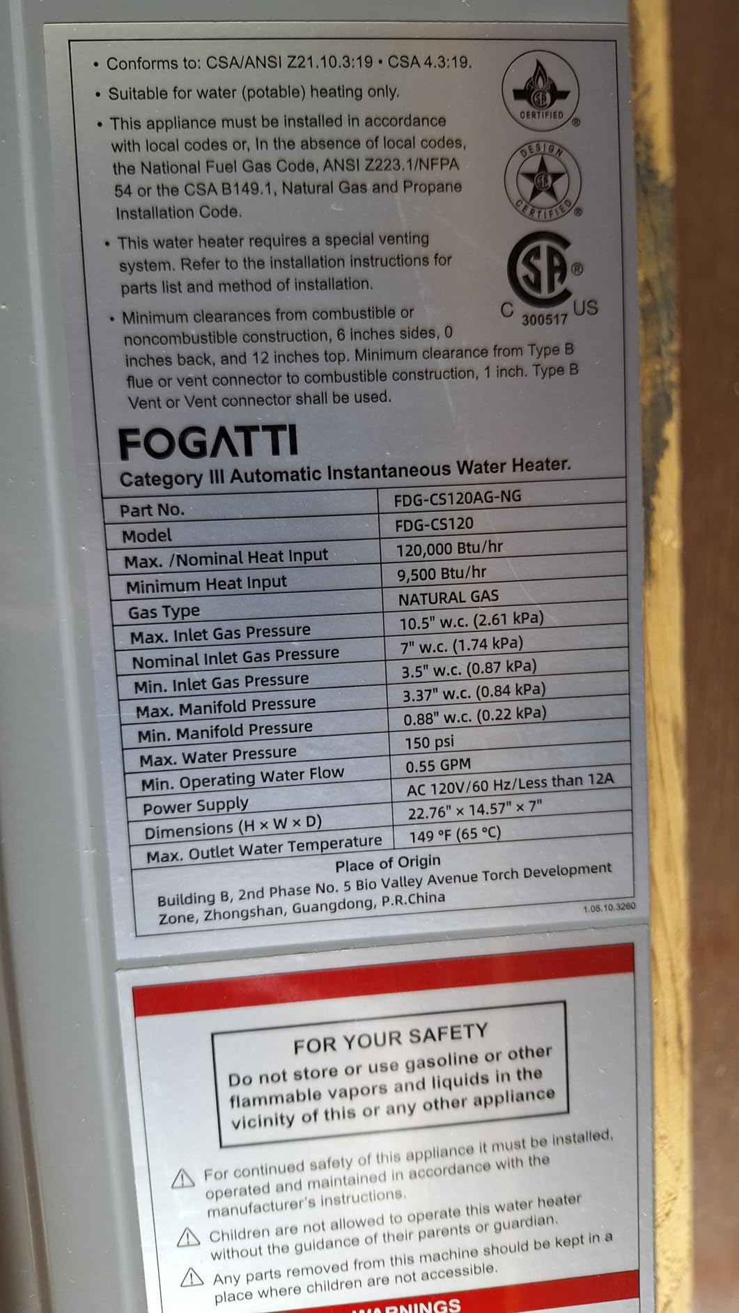 FOGATTI Tankless Water Heater Natural Gas Indoor On Demand CSA Certified customer photo 1