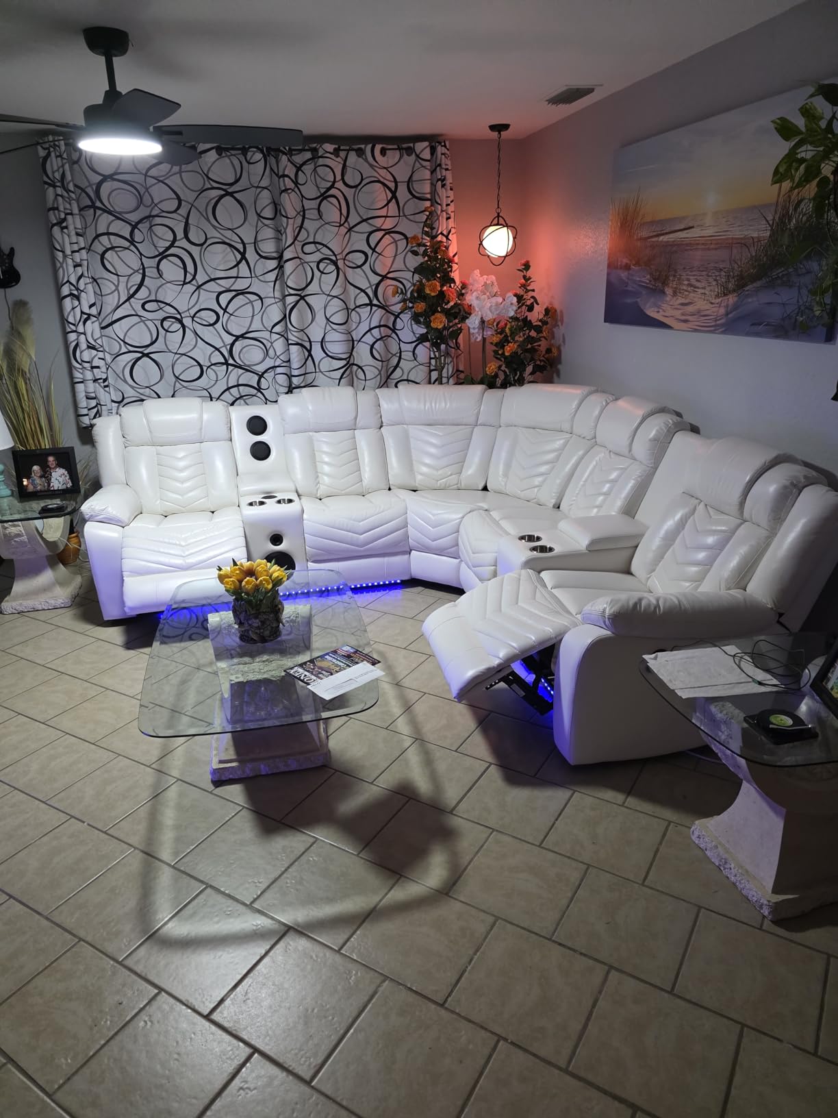 Power Recliner Sectional Sofa Couches with Bass Speakers for Living Room, Faux Leather Reclining Corner Sectionals Sofa Couch Sets with LED Light, Electric Theater Recliners Home,Grey customer photo 1