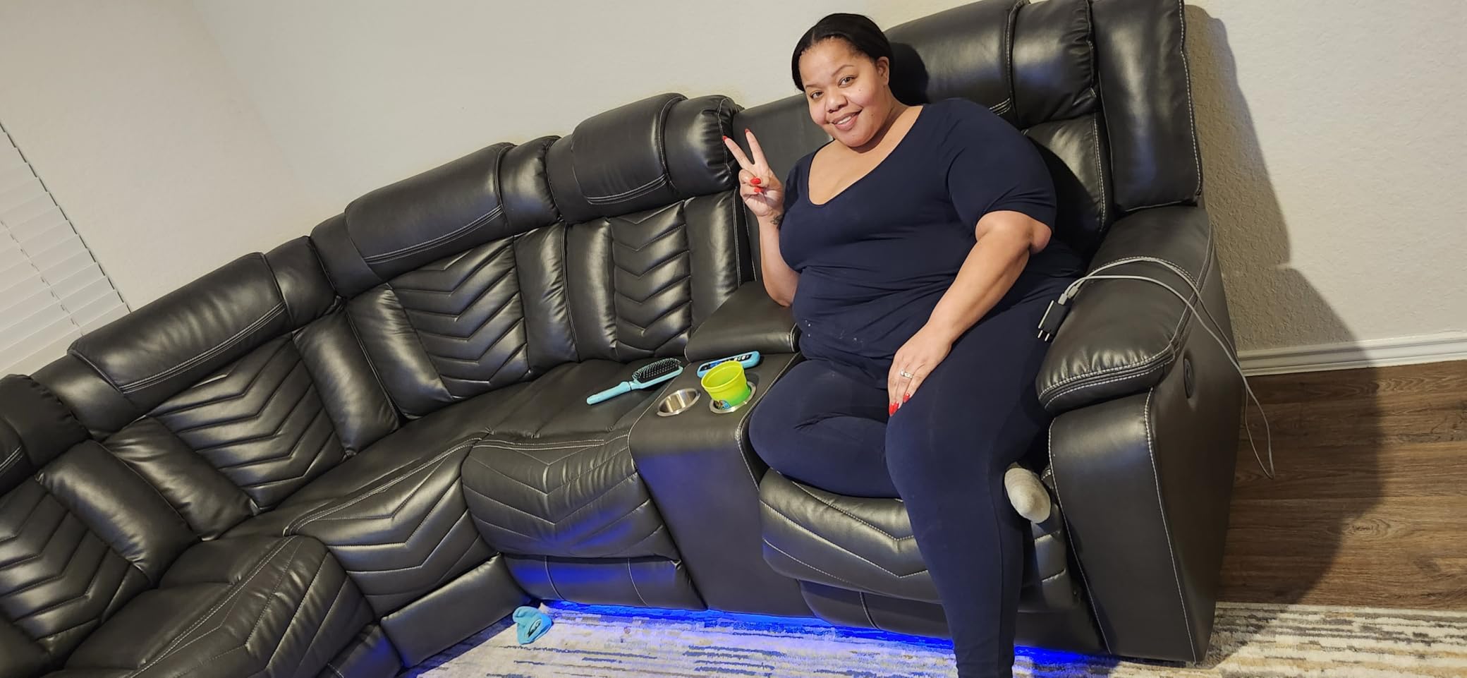 Power Recliner Sectional Sofa Couches with Bass Speakers for Living Room, Faux Leather Reclining Corner Sectionals Sofa Couch Sets with LED Light, Electric Theater Recliners Home,Grey customer photo 2