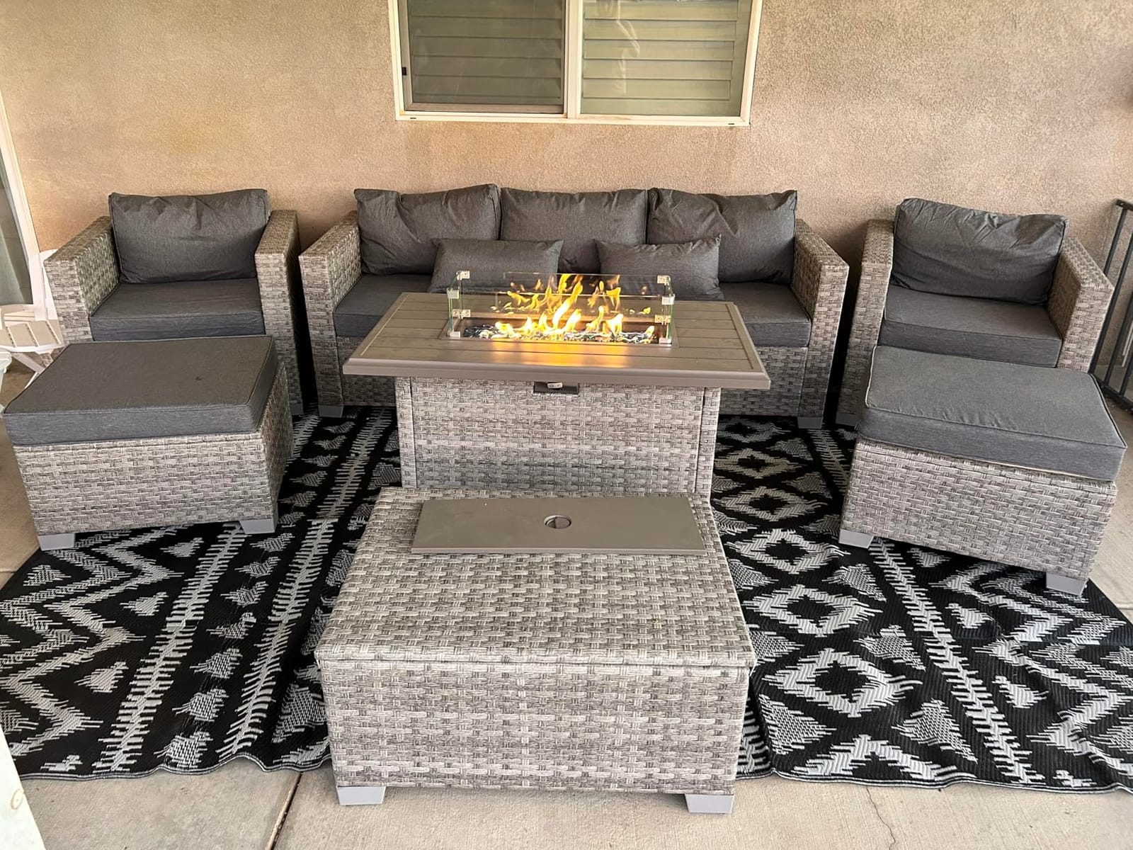 WAROOM Patio Furniture Set 6 Piece PE Rattan Outdoor Conversation Sets Grey Wicker Couch Sectional Sofa with Fire Pit Table and Navy Blue Cushion customer photo 2