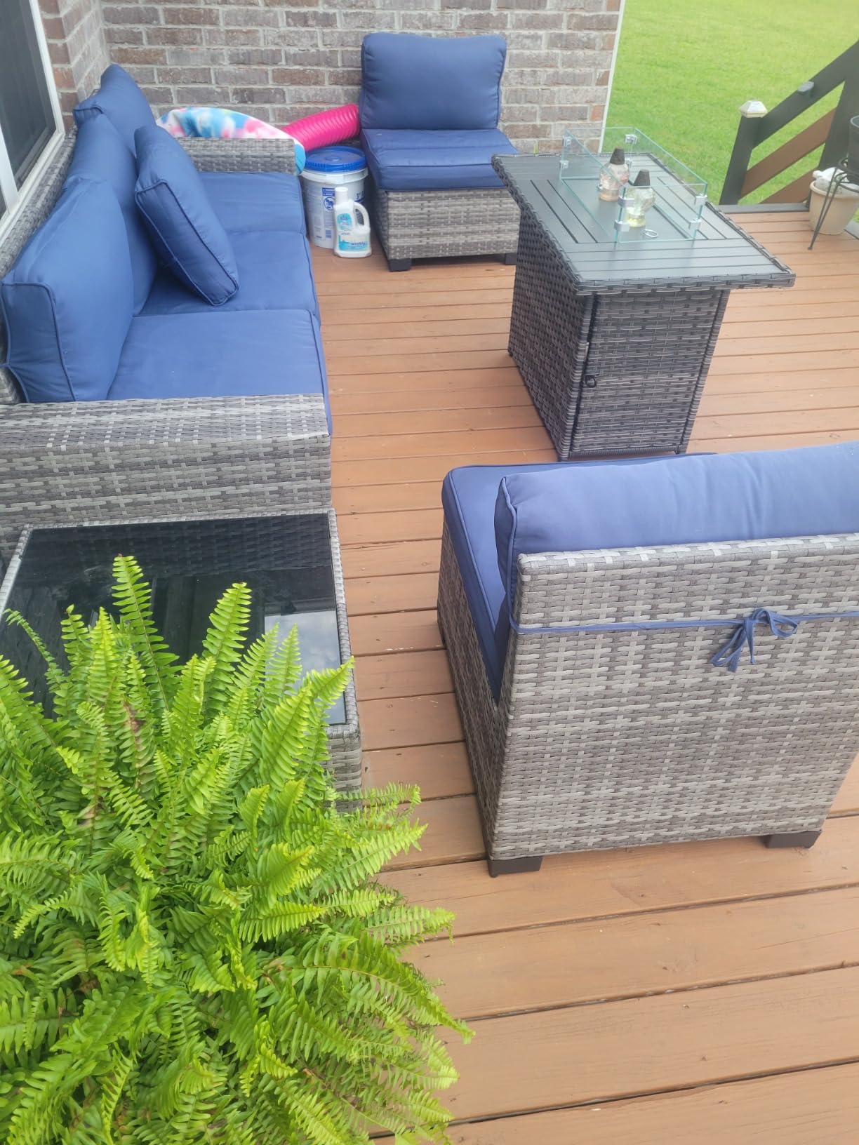 7 Piece Patio Furniture Set with Fire Pit Table, Outdoor Conversation Sets Wicker Rattan Sectional Sofa with Coffee Table for Patio Garden Backyard, 4'' Thickened Cushion Wine Red customer photo 1
