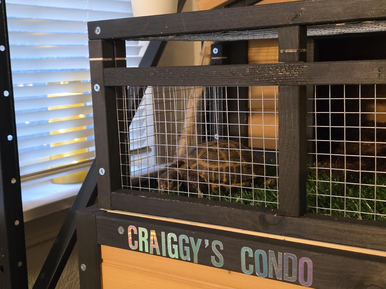 3-Room Large Tortoise Habitat with Pull-Out Tray, Wooden Tortoise Enclosure Indoor & Outdoor with Ramp, Grass Mat, Openable Roof, Luxurious Reptile Enclosure for Small Animals, Yellow customer photo 1