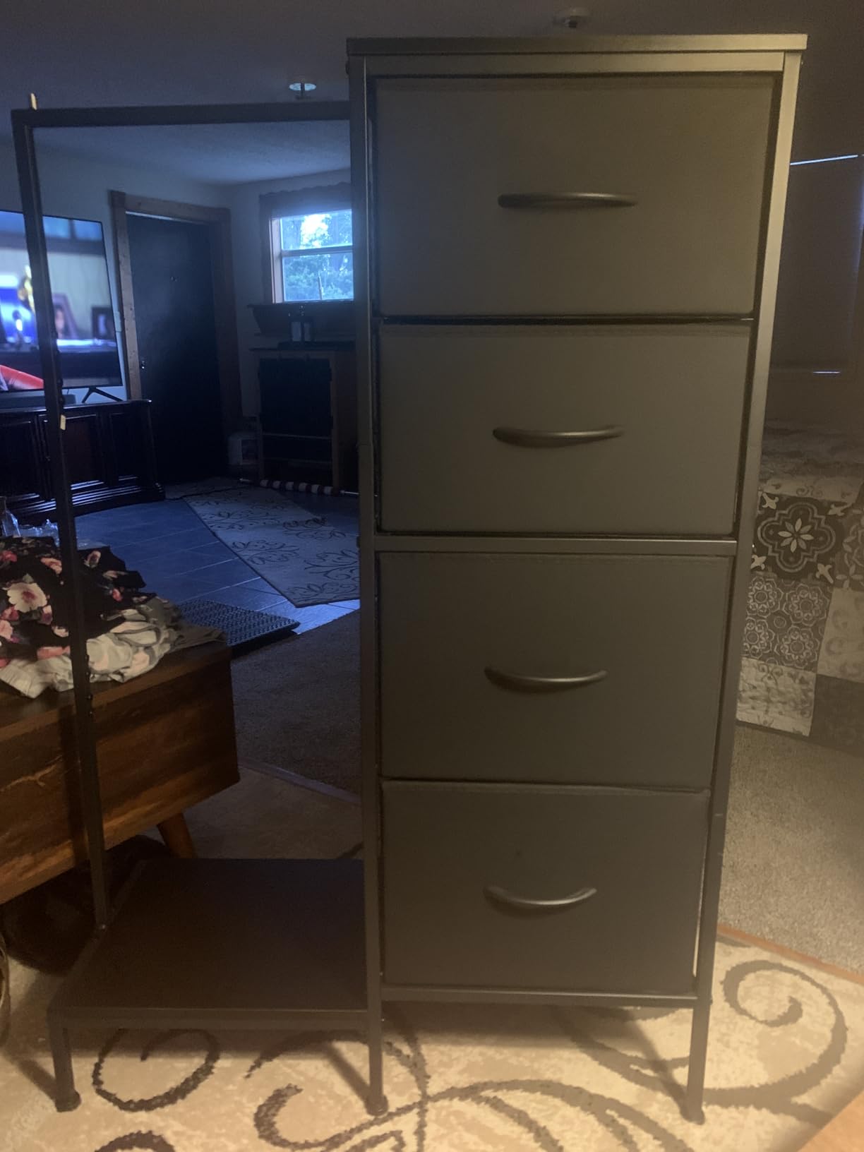 HIGDBFE Tall Dresser 44''H with Hanging Rack, 4 Drawers Small Closet Dresser for Bedroom, Reversible Fabric Chest of Drawers with Clothes Rack, Tall Storage Tower, Sturdy Frame, White customer photo 1