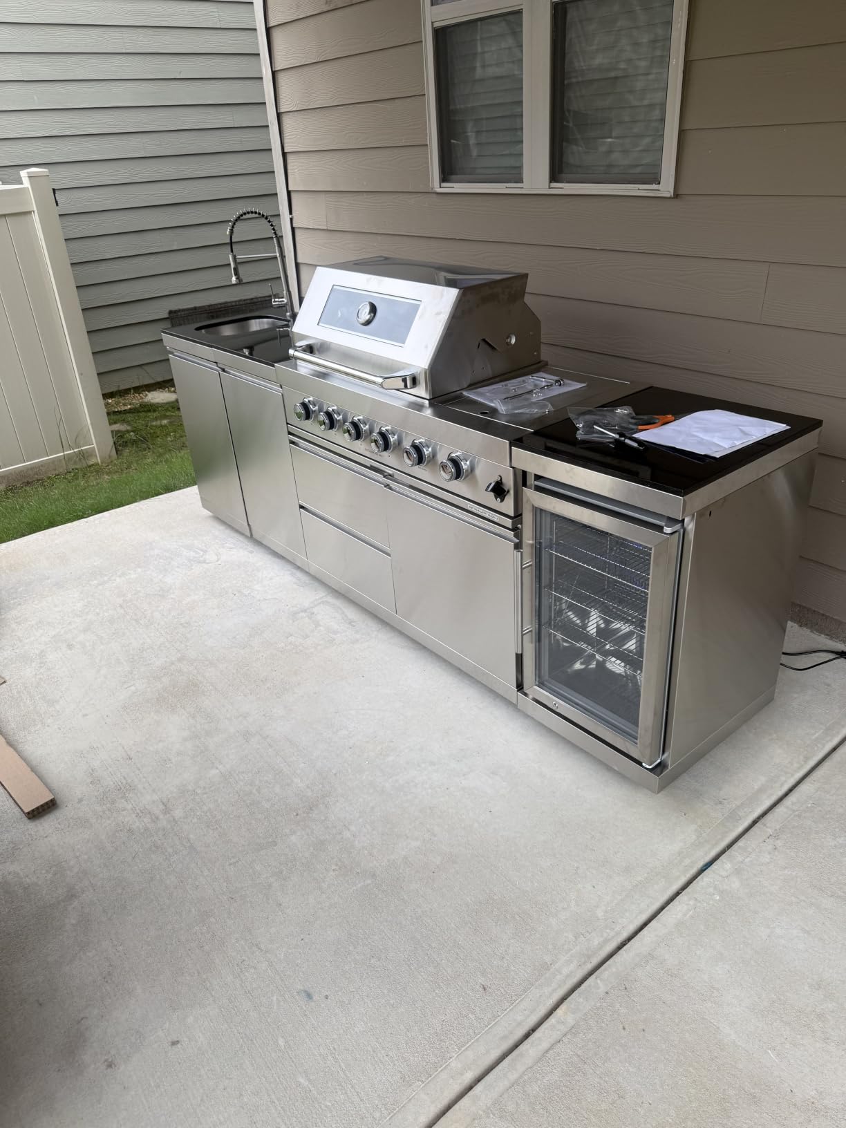 98 Inches Outdoor Kitchen Island, 4-Burner 72000 BTU Propane Stainless Steel BBQ with Side/Rear Burners, With Refrigerator and Sink, Rotisserie, Granite Countertops, Storage, For Backyard BBQ, Silver customer photo 2