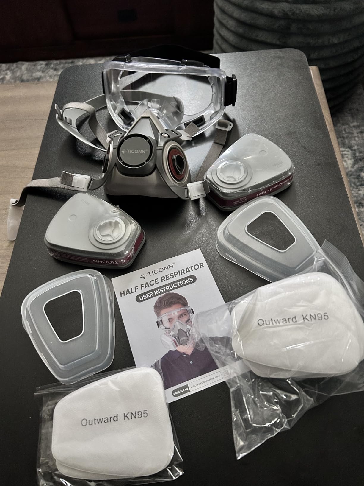 TICONN Reusable Respirator Mask with Filters, Gas Mask with Anti Fog Safety Glasses, Anti-Dust Half Face Cover Respirator customer photo 1