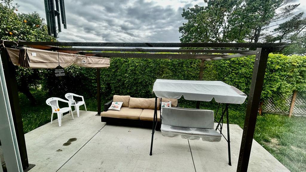 HAPPATIO 10' X 13' Wood-Grain Retractable Pergola with Sun Shade Canopy, Patio Aluminum Frame Shelter for Backyards, Gardens, Porch, Includes Ground Studs and Expansion Screws (Beige) customer photo 2
