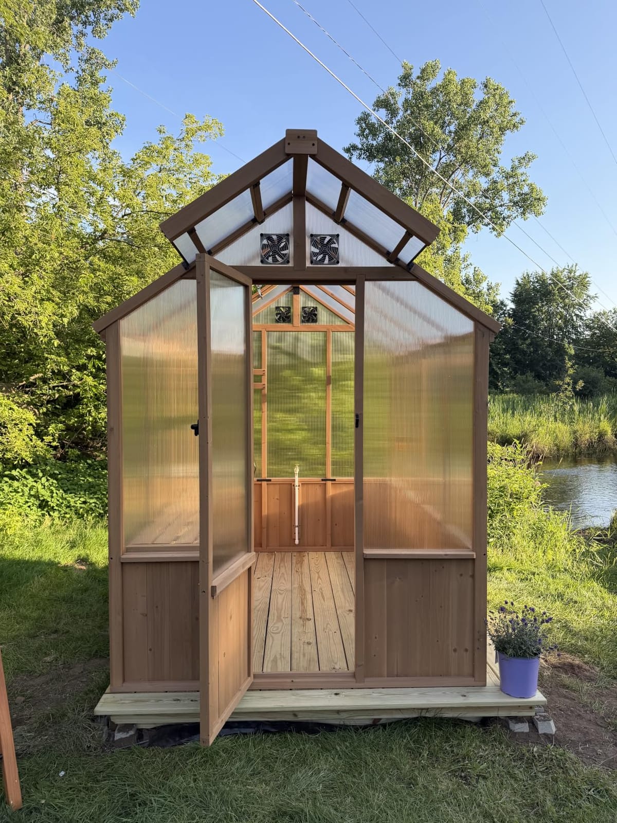 Modern Shade EverBloom 6.5'x12' Wooden Greenhouse, 8' Extra-Tall Cedar Wood Greenhouse with Built-in Outdoor Faucet Kit, Heavy Duty Greenhouse with Built-in Shelving, Power Strip & Ventilation System customer photo 1