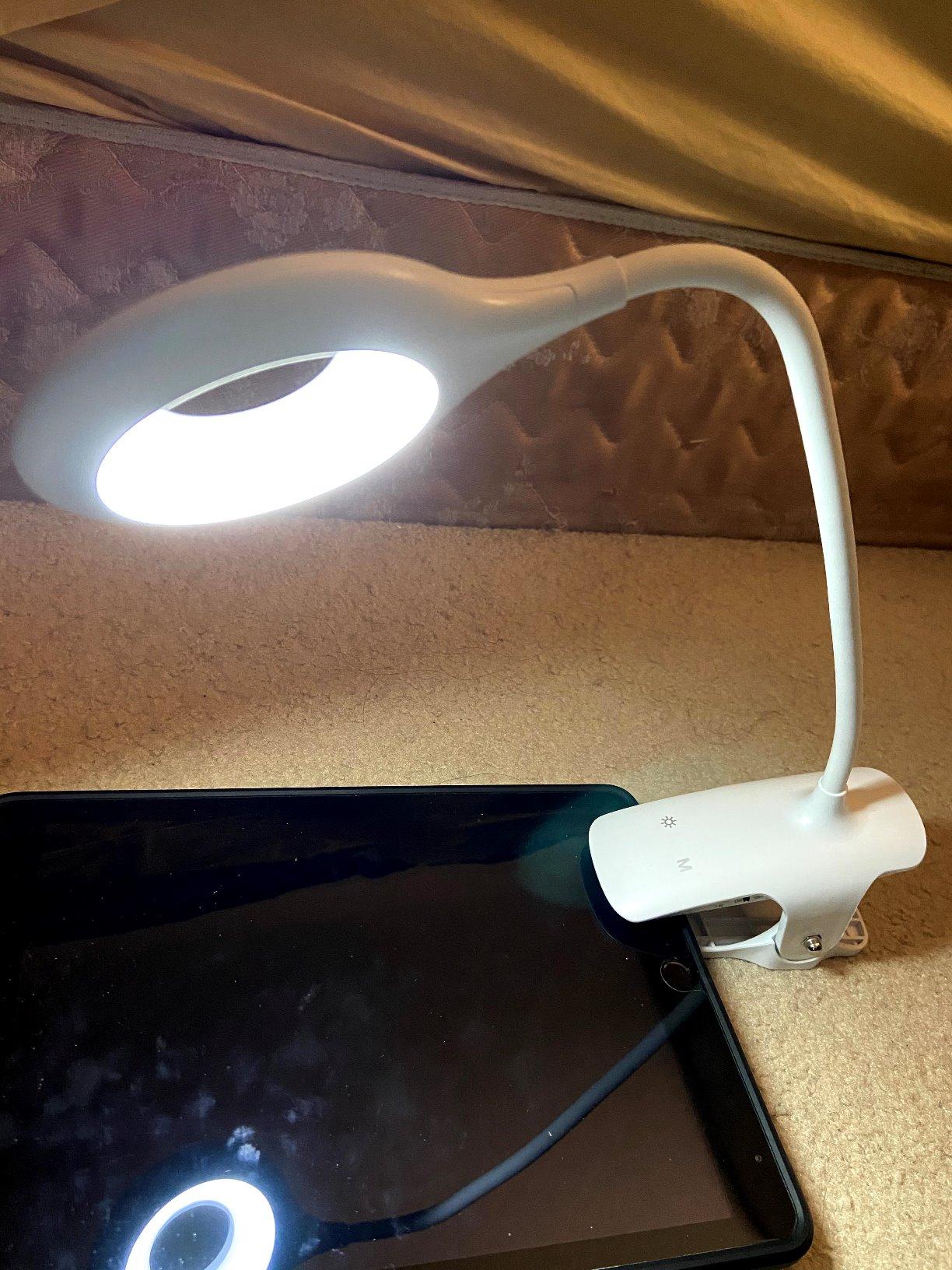 LACOKI Clip on Rechargeable Reading Light for Bed, 3 Color x 3 Brightness 28 LEDs Desk Light, Eye-Caring Desk Lamp with Clamp for Headboard, Table, Desk customer photo 1