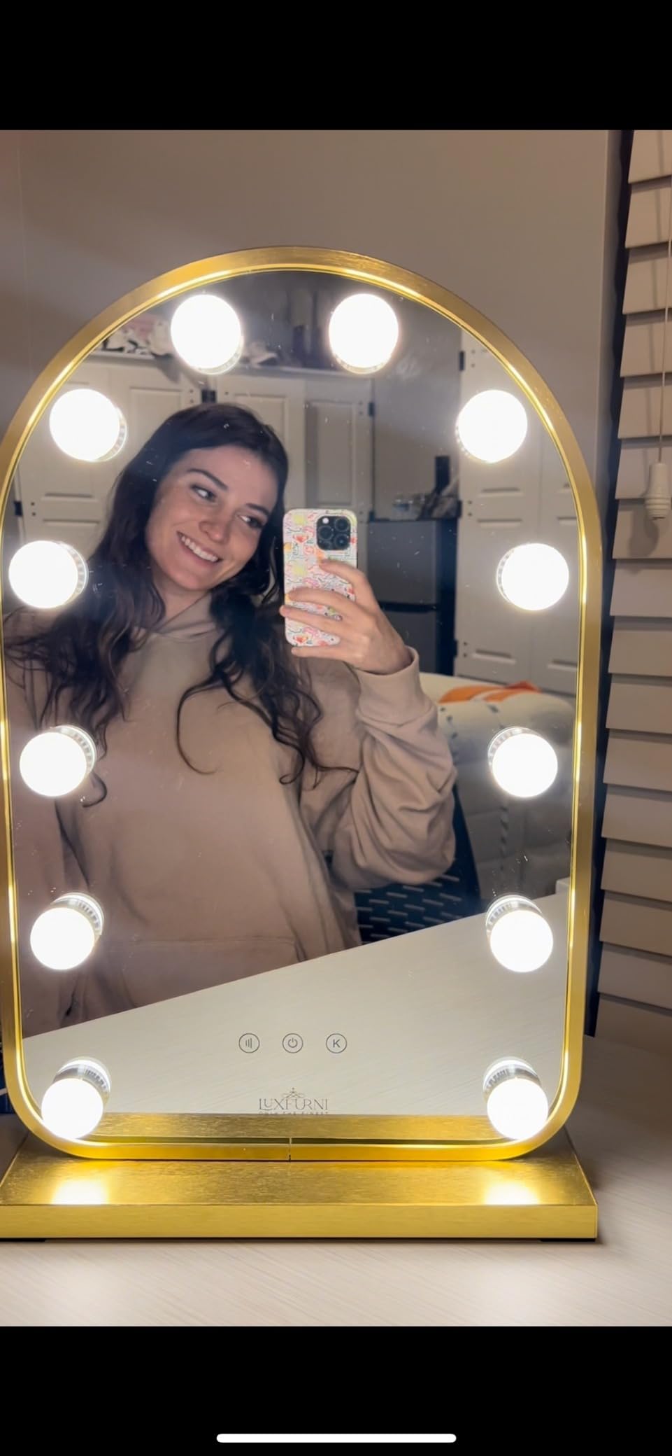 LUXFURNI Vanity Mirror with Lights, Arched Hollywood Makeup Mirror Gold customer photo 2