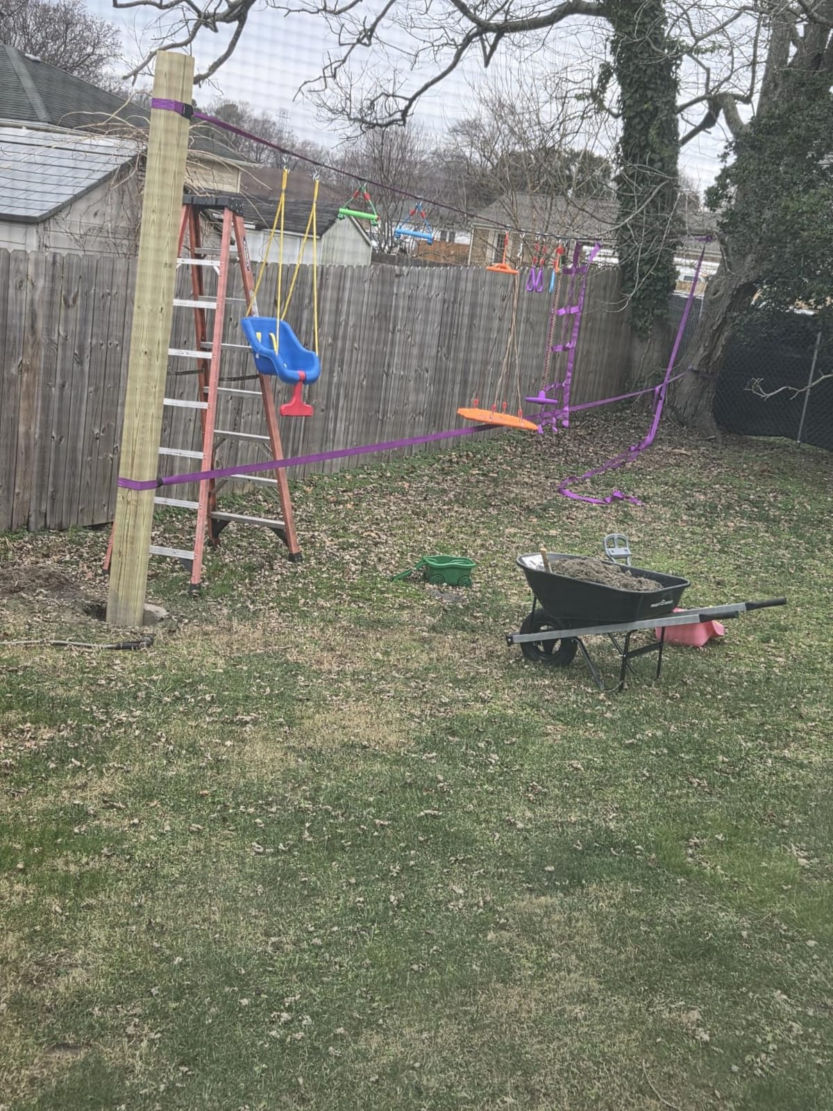AOBOTE Ninja Warrior Obstacle Course for Kids,2x56ft Slackline with 12 Accessories,Saucer Swing with 360 Degree Rotating Wheel,Ninja Course for Kids Outside(AB010001-3) customer photo 2