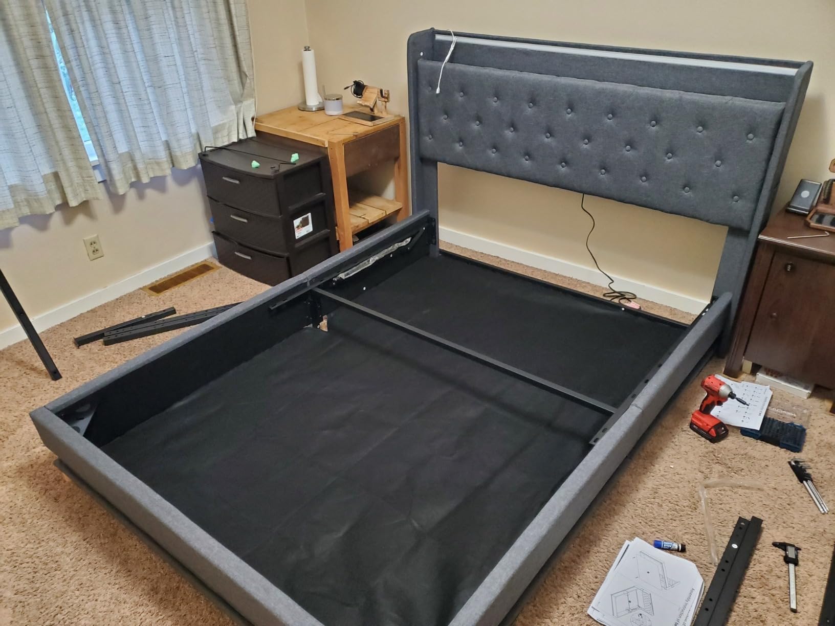 Ailisite Lift Up Storage Bed Full, Bed Frame Full Size with Charging Station & Led Lights, Upholstered Storage Bed with Wingback 2-Tier Bookcase Headboard, Hydraulic Lift, No Box Spring Needed,Black customer photo 1