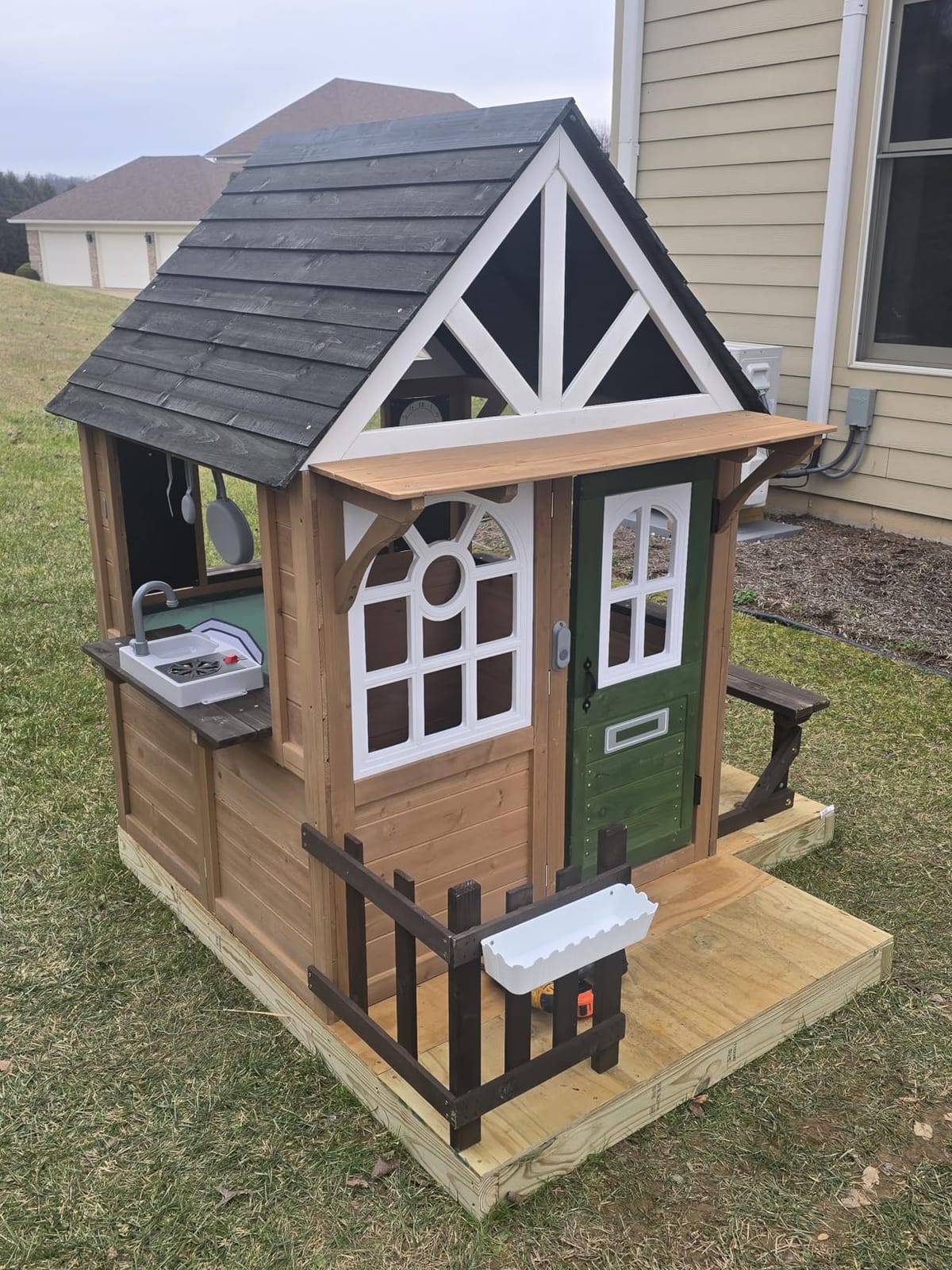 Kids Outdoor Playhouse,Cedar Gray Wooden Play House for Kids Ages 3-8, with Play Kitchen, Interactive Doorbell, Toy Phone, Sink, Flowerpot customer photo 1