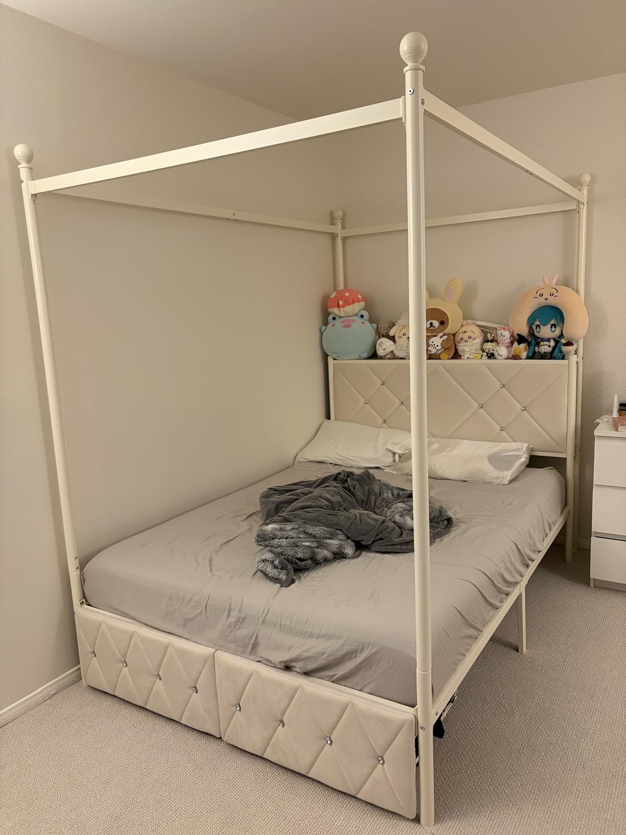 Queen Upholstered Canopy Bed Frame with 2 Drawers & Crystal Tufted Storage Headboard Metal Platform Bed with Charging Station & 4 Removable Posts No Box Spring Needed Curtain Not Included, Beige customer photo 1