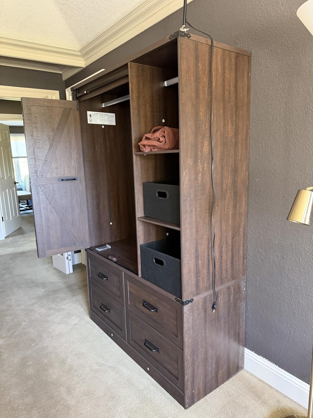 Farmhouse 4 Doors Armoire Wardrobe Closet w/Folding Sliding Barn Door and Lights, LED Armoire Closet w/Drawers for Bedroom, Freestanding Wooden Wardrobe Storage Closets w/Hanging Rod,Rustic Brown customer photo 1
