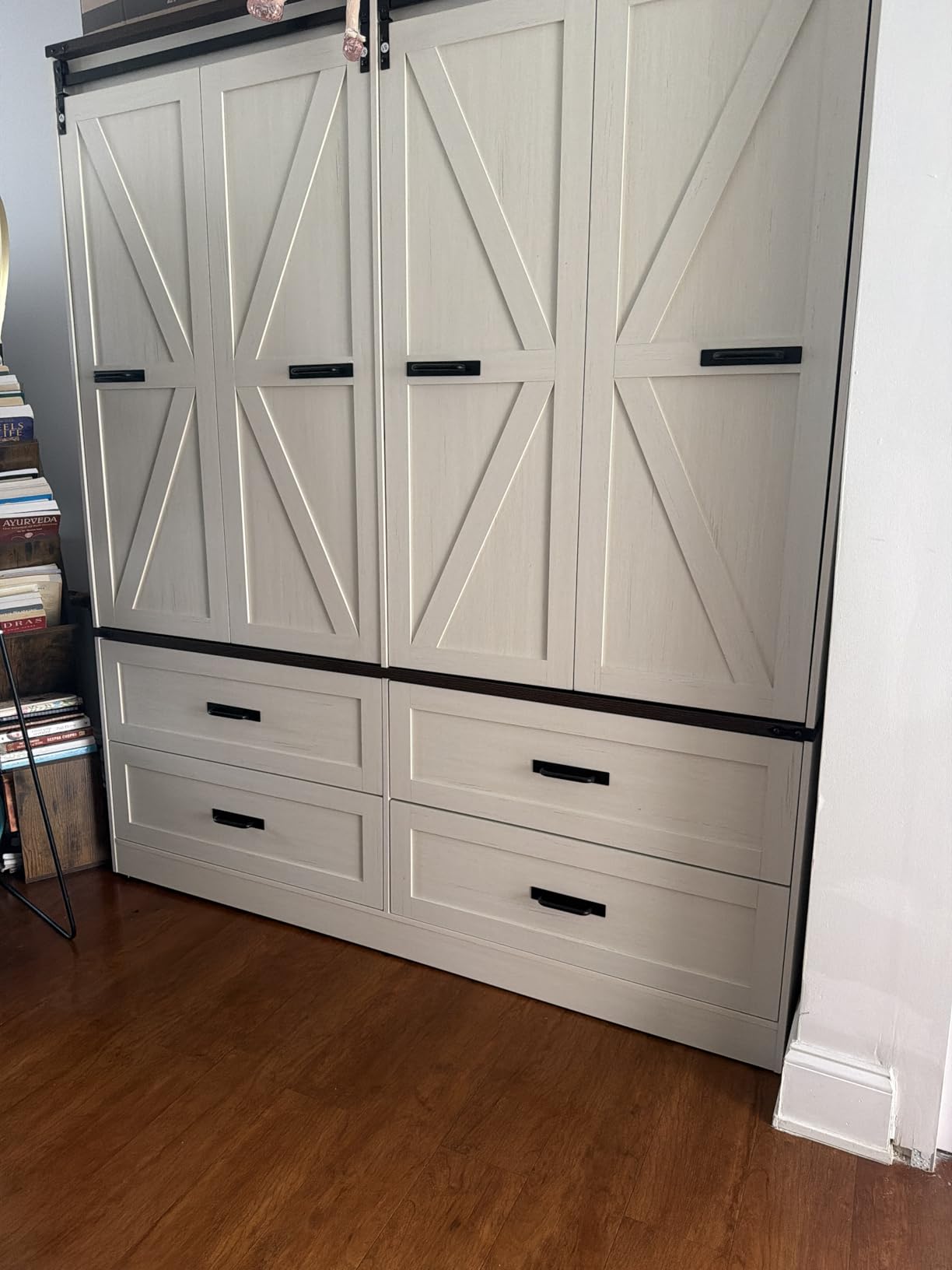 Farmhouse 4 Doors Armoire Wardrobe Closet w/Folding Sliding Barn Door and Lights, LED Armoire Closet w/Drawers for Bedroom, Freestanding Wooden Wardrobe Storage Closets w/Hanging Rod,Rustic Brown customer photo 2
